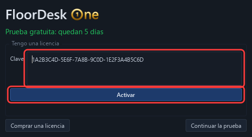 La ventana Licencia: clave pegada, luego Activar