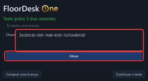 A janela Licença: chave colada, depois Ativar